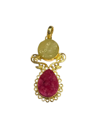 Rough Druzy Lemon Quartz Gold Tone Artisan Boho Teardrop Pendant PEN55-GLD-RDY-NLMQ02