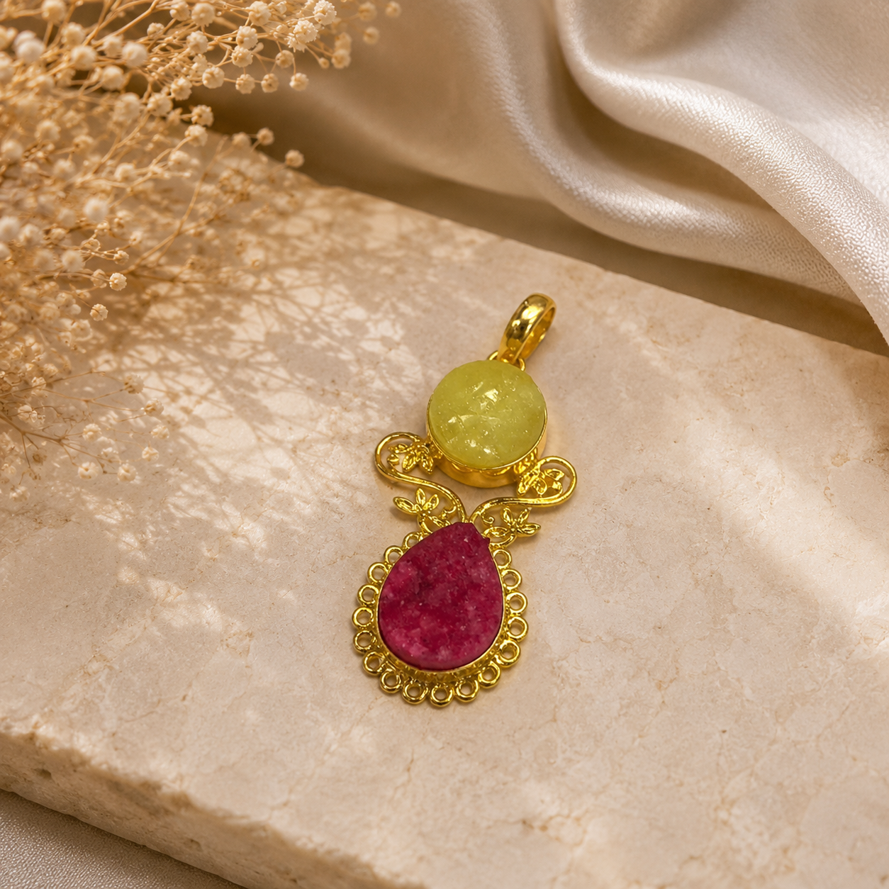 Rough Druzy Lemon Quartz Gold Tone Artisan Boho Teardrop Pendant PEN55-GLD-RDY-NLMQ02