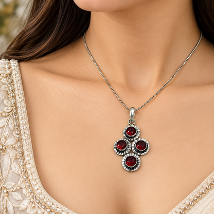 Red Garnet Cluster Pendant Boho Artisan Statement Jewelry PEN550-SLV-LGR04