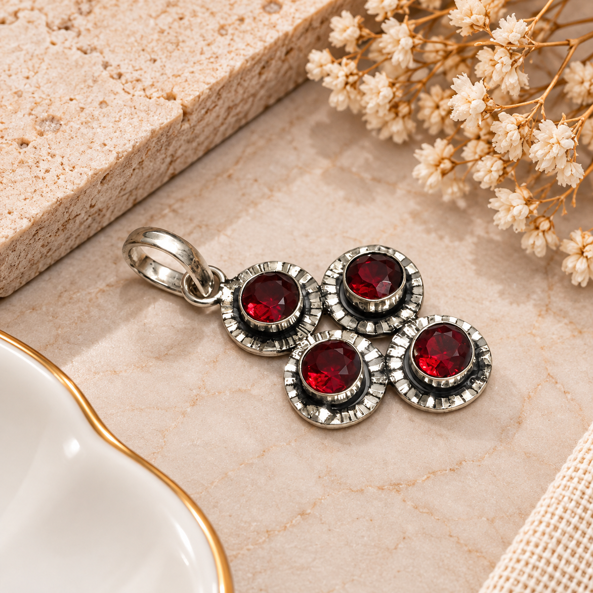 Red Garnet Cluster Pendant Boho Artisan Statement Jewelry PEN550-SLV-LGR04