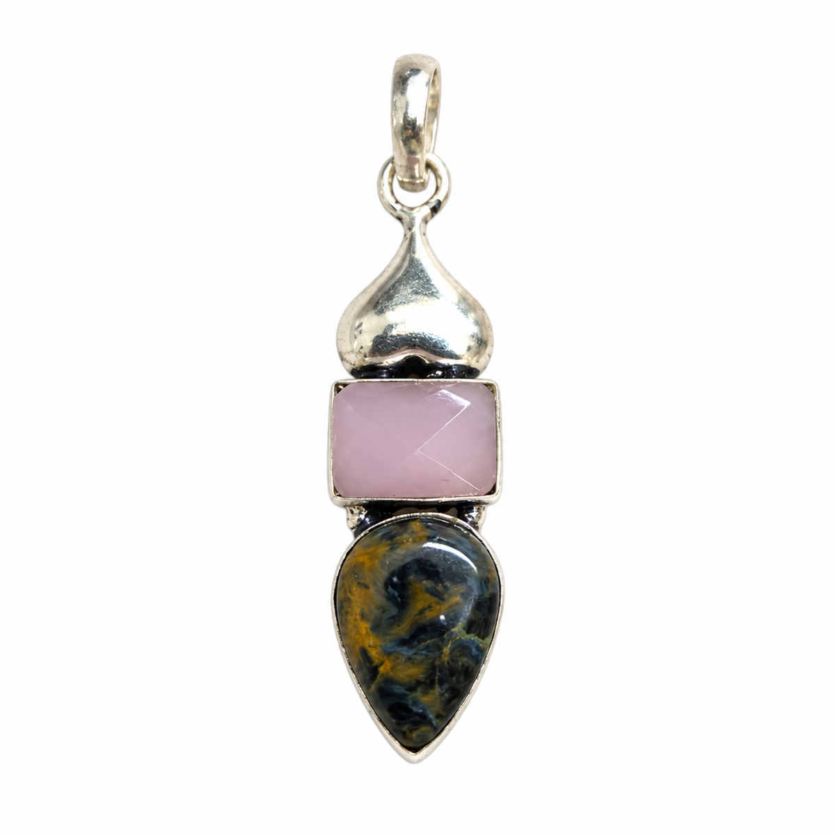 Rose Quartz Pietersite Pendant Boho Artisan Gemstone Jewelry PEN552-SLV-LQUA+NPT02