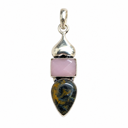 Rose Quartz Pietersite Pendant Boho Artisan Gemstone Jewelry PEN552-SLV-LQUA+NPT02