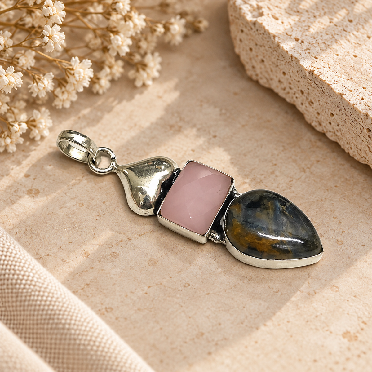 Rose Quartz Pietersite Pendant Boho Artisan Gemstone Jewelry PEN552-SLV-LQUA+NPT02