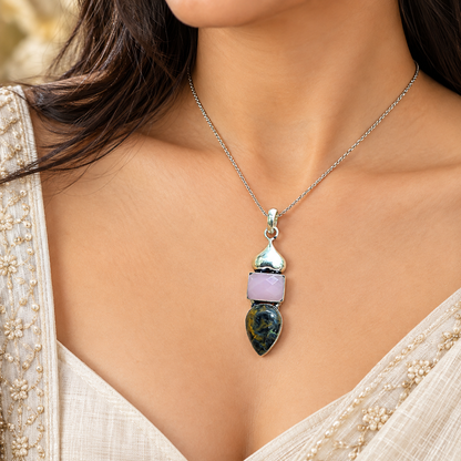 Rose Quartz Pietersite Pendant Boho Artisan Gemstone Jewelry PEN552-SLV-LQUA+NPT02