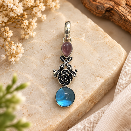 Amethyst Blue Topaz Floral Pendant Boho Artisan Jewelry PEN553-SLV-LAMT-LBT02