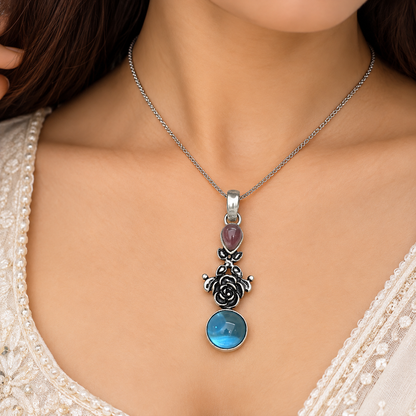 Amethyst Blue Topaz Floral Pendant Boho Artisan Jewelry PEN553-SLV-LAMT-LBT02