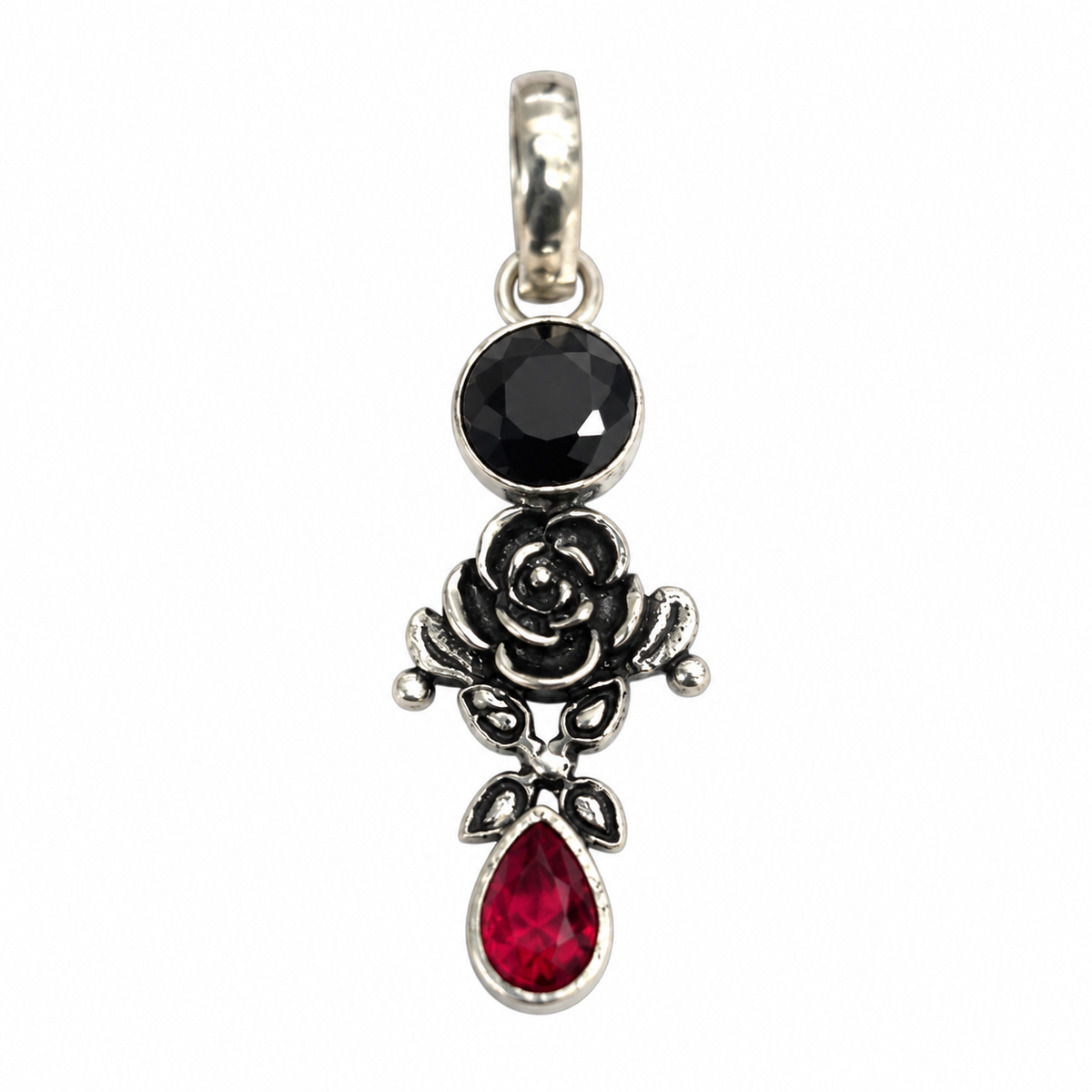 Black Spinel Red Garnet Rose Pendant Boho Artisan Jewelry PEN554-SLV-LBLKSPL-LGR02
