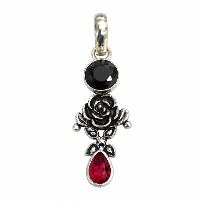 Black Spinel Red Garnet Rose Pendant Boho Artisan Jewelry PEN554-SLV-LBLKSPL-LGR02