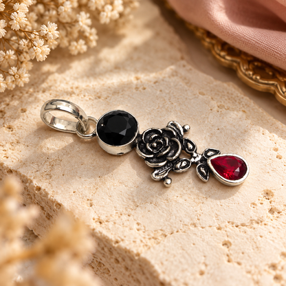 Black Spinel Red Garnet Rose Pendant Boho Artisan Jewelry PEN554-SLV-LBLKSPL-LGR02