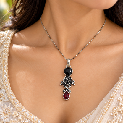 Black Spinel Red Garnet Rose Pendant Boho Artisan Jewelry PEN554-SLV-LBLKSPL-LGR02