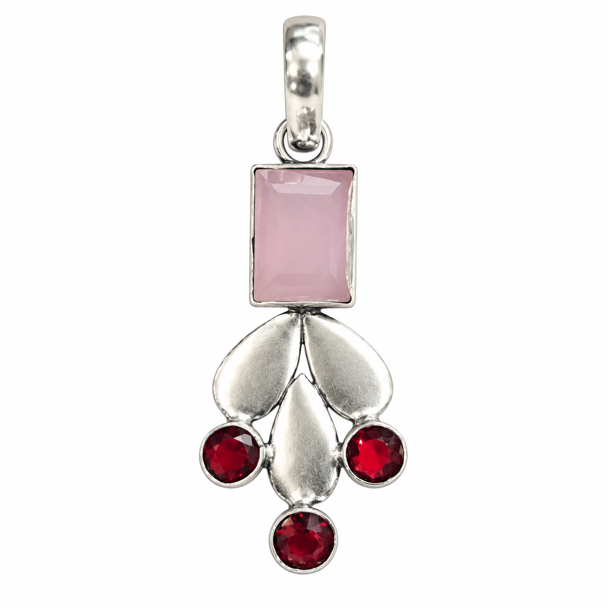 Pink Quartz Red Garnet Floral Pendant Boho Artisan Jewelry PEN555-SLV-LQUA-LGR04