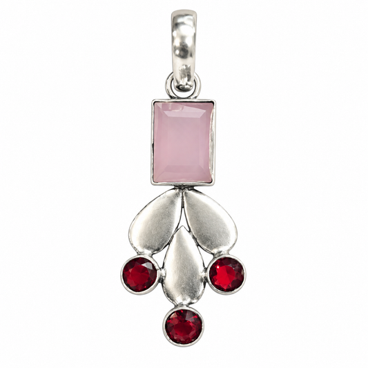 Pink Quartz Red Garnet Floral Pendant Boho Artisan Jewelry PEN555-SLV-LQUA-LGR04
