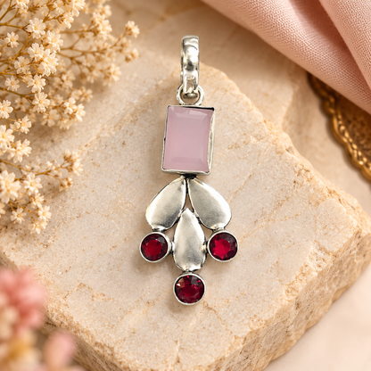 Pink Quartz Red Garnet Floral Pendant Boho Artisan Jewelry PEN555-SLV-LQUA-LGR04