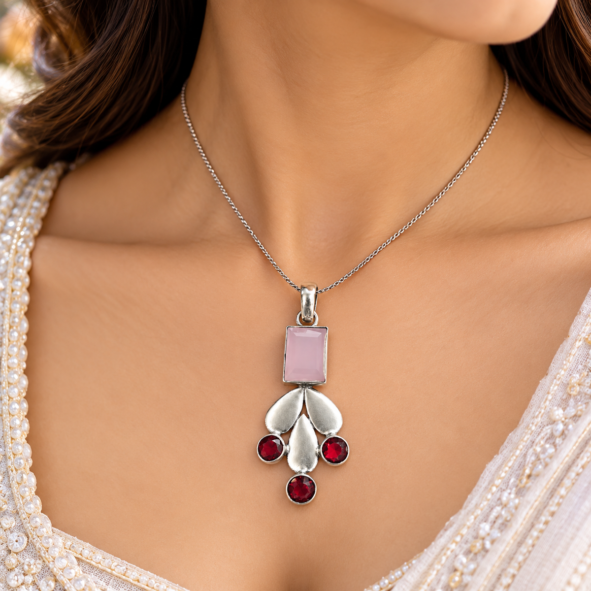 Pink Quartz Red Garnet Floral Pendant Boho Artisan Jewelry PEN555-SLV-LQUA-LGR04