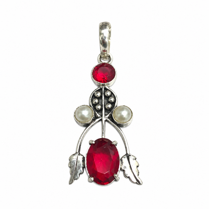 Red Garnet Pearl Floral Pendant Boho Artisan Jewelry PEN556-SLV-LGR-LPRL04