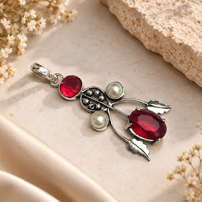 Red Garnet Pearl Floral Pendant Boho Artisan Jewelry PEN556-SLV-LGR-LPRL04