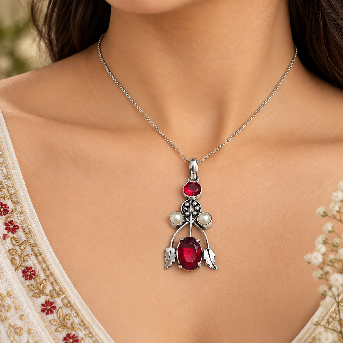 Red Garnet Pearl Floral Pendant Boho Artisan Jewelry PEN556-SLV-LGR-LPRL04