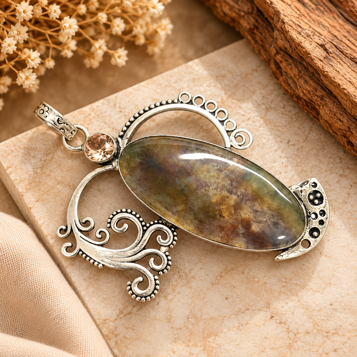 Natural Landscape Agate Pendant Boho Artisan Statement Jewelry PEN559-SLV-LQUA-NLCAG02