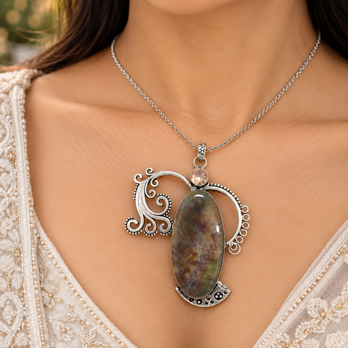 Natural Landscape Agate Pendant Boho Artisan Statement Jewelry PEN559-SLV-LQUA-NLCAG02
