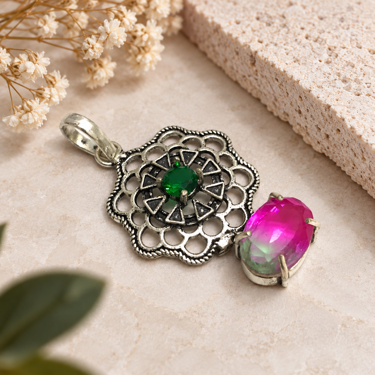 Bio Tourmaline Pink Green Pendant Boho Artisan Jewelry PEN561-SLV-LBTUR-LCD02