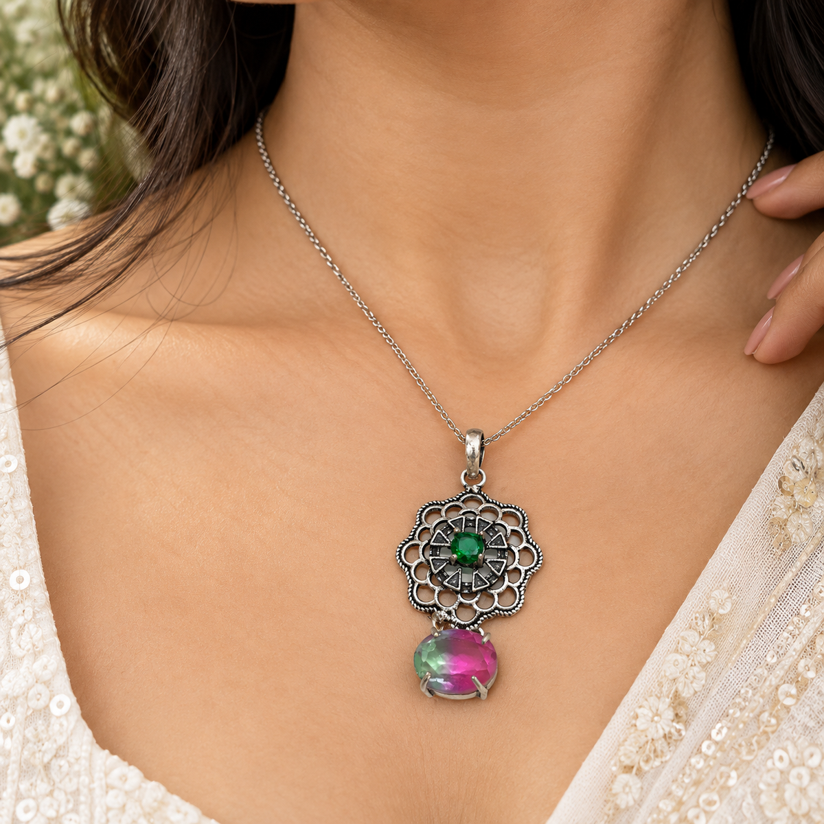 Bio Tourmaline Pink Green Pendant Boho Artisan Jewelry PEN561-SLV-LBTUR-LCD02