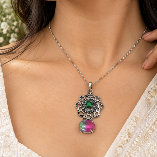 Bio Tourmaline Pink Green Pendant Boho Artisan Jewelry PEN561-SLV-LBTUR-LCD02
