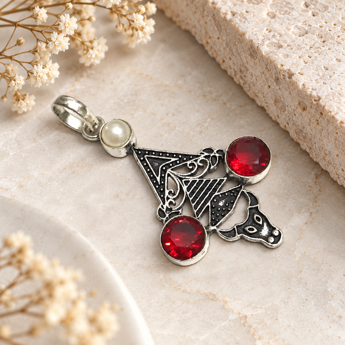 Red Garnet Pearl Pendant Boho Artisan Statement Jewelry PEN562-SLV-LPRL-LGR03