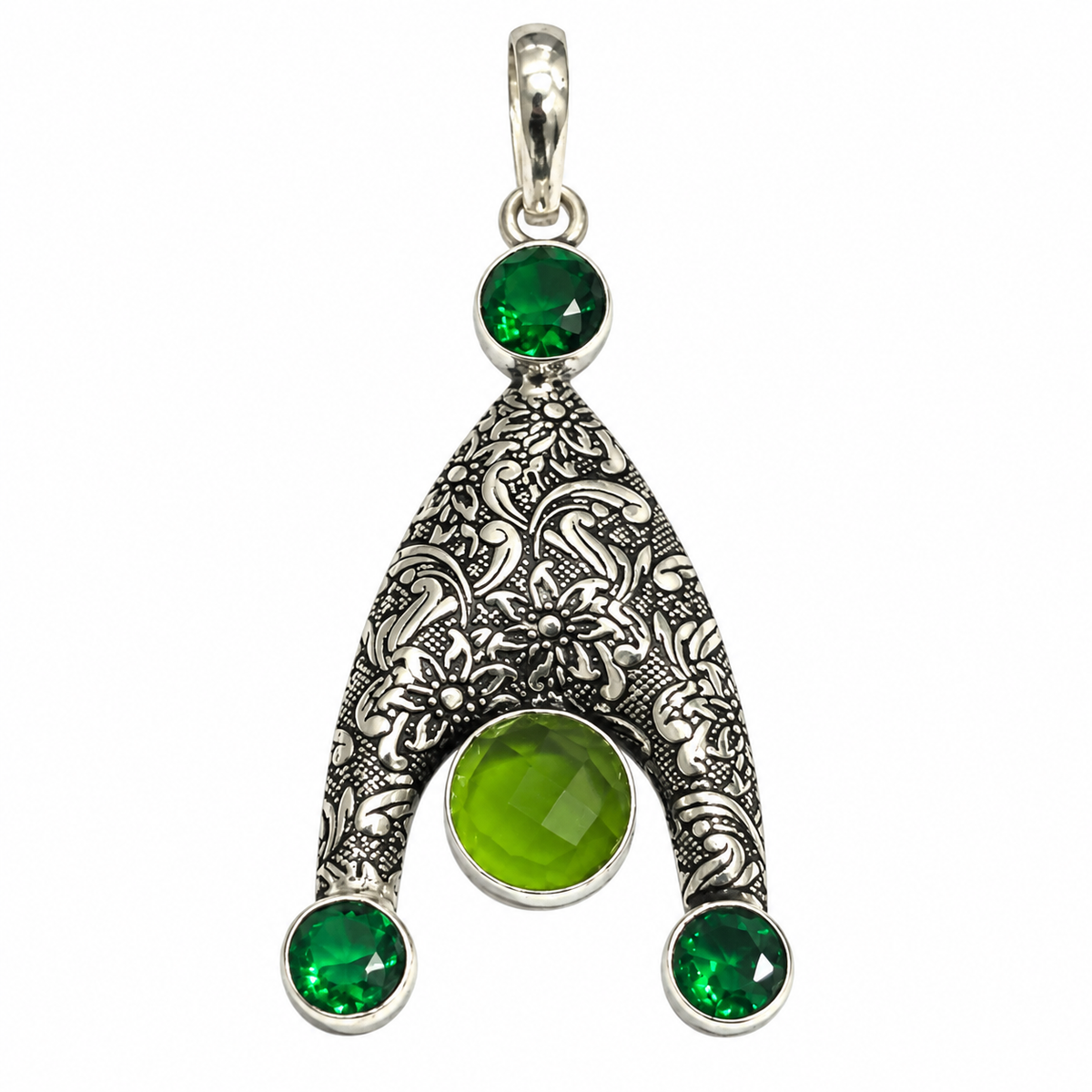 Green Quartz Statement Pendant Floral Boho Vintage Jewelry PEN564-SLV-LCD-LPD04