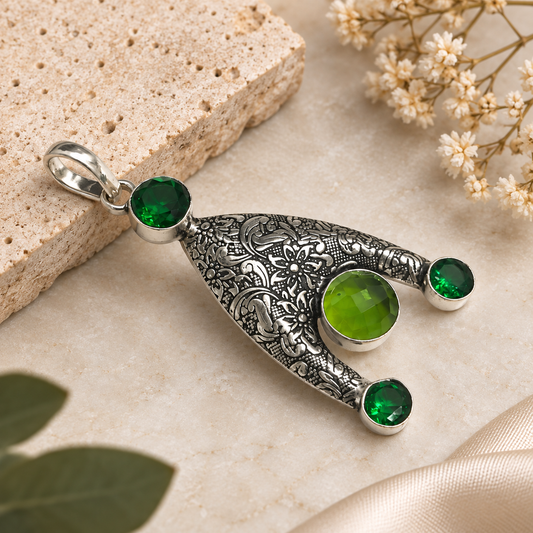 Green Quartz Statement Pendant Floral Boho Vintage Jewelry PEN564-SLV-LCD-LPD04