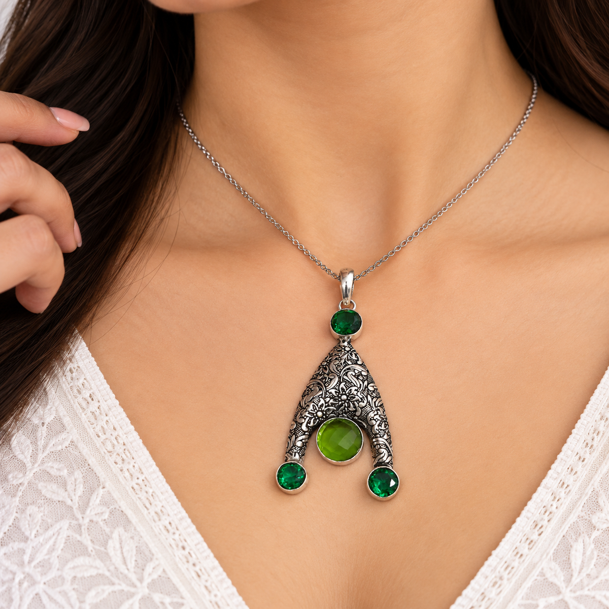 Green Quartz Statement Pendant Floral Boho Vintage Jewelry PEN564-SLV-LCD-LPD04