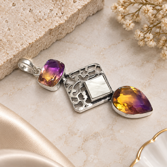Ametrine Mother of Pearl Pendant Oxidized Silver Jewelry PEN565-SLV-LATR-LMOP03