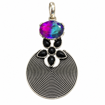 Rainbow Quartz Black Onyx Pendant, Oxidized Silver Jewelry PEN566-SLV-LBTUR-LBO07