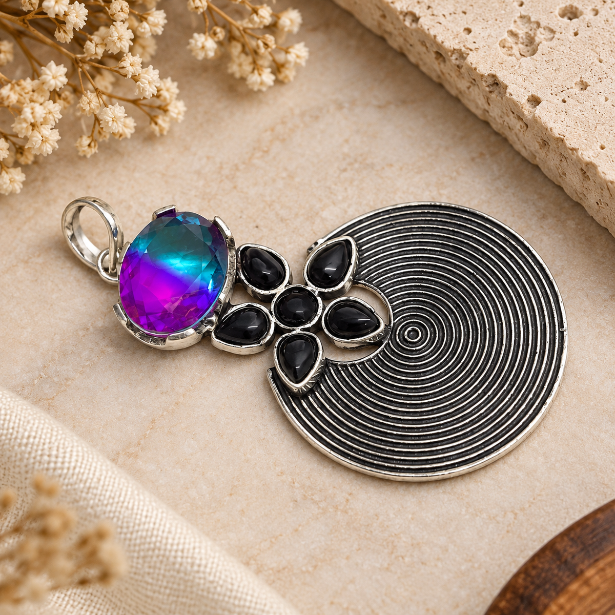 Rainbow Quartz Black Onyx Pendant, Oxidized Silver Jewelry PEN566-SLV-LBTUR-LBO07