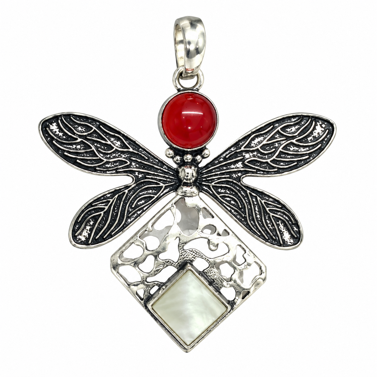 Dragonfly Red Garnet Mother of Pearl Silver Statement Pendant PEN567-SLV-LGR-LMOP02