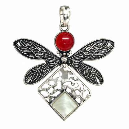 Dragonfly Red Garnet Mother of Pearl Silver Statement Pendant PEN567-SLV-LGR-LMOP02