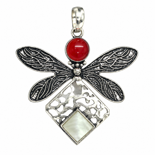 Dragonfly Red Garnet Mother of Pearl Silver Statement Pendant PEN567-SLV-LGR-LMOP02
