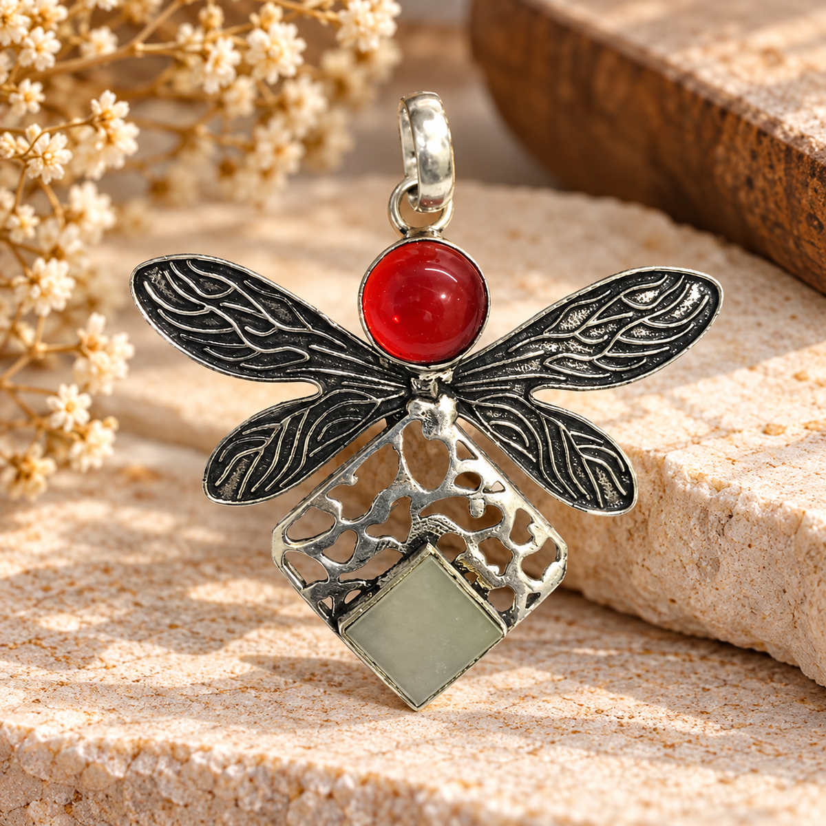 Dragonfly Red Garnet Mother of Pearl Silver Statement Pendant PEN567-SLV-LGR-LMOP02