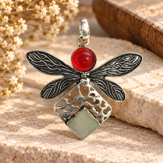 Dragonfly Red Garnet Mother of Pearl Silver Statement Pendant PEN567-SLV-LGR-LMOP02