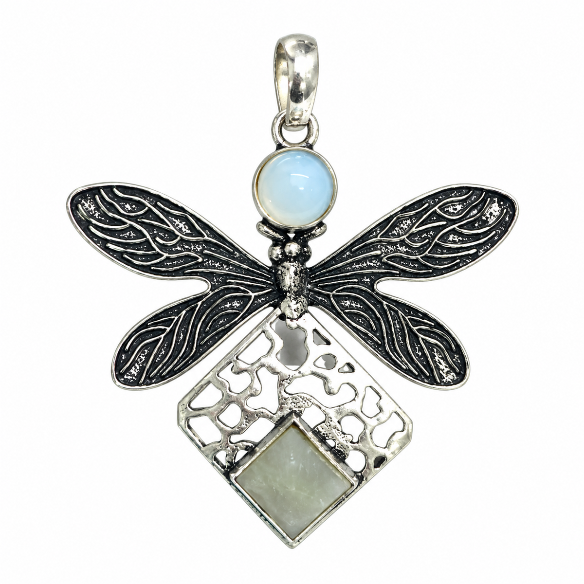 Opalite Dragonfly Mother of Pearl Pendant Oxidized Silver PEN567-SLV-LOPL-LMOP02