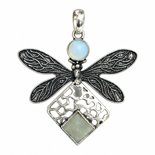 Opalite Dragonfly Mother of Pearl Pendant Oxidized Silver PEN567-SLV-LOPL-LMOP02
