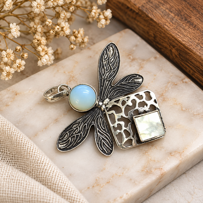 Opalite Dragonfly Mother of Pearl Pendant Oxidized Silver PEN567-SLV-LOPL-LMOP02