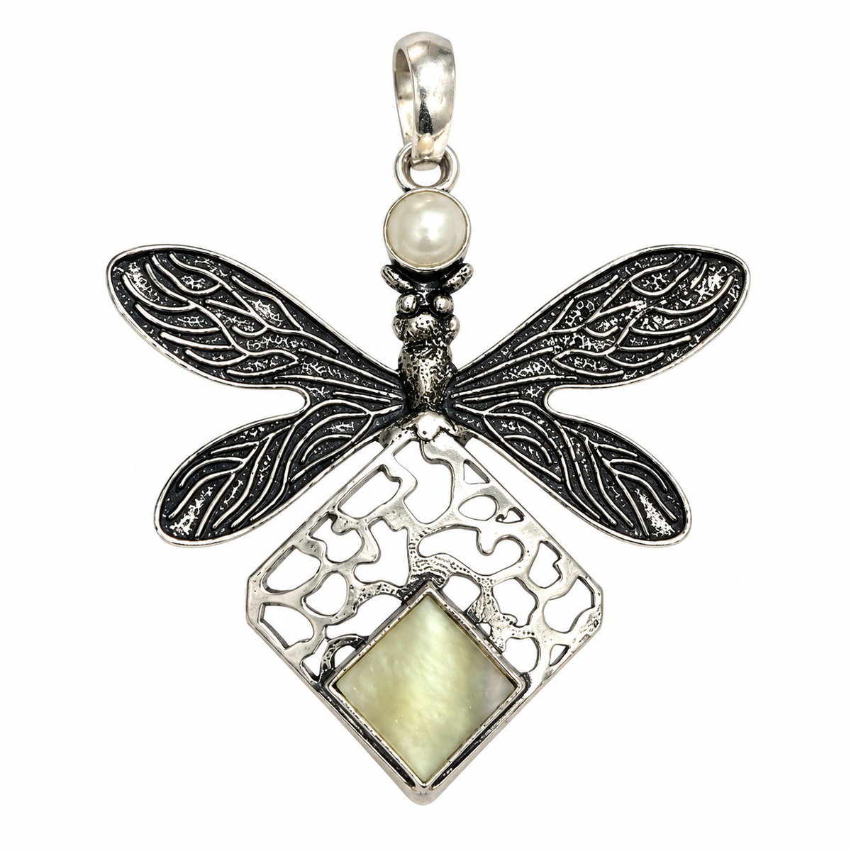 Pearl Dragonfly Mother of Pearl Pendant Oxidized Silver PEN567-SLV-LPRL-LMOP02