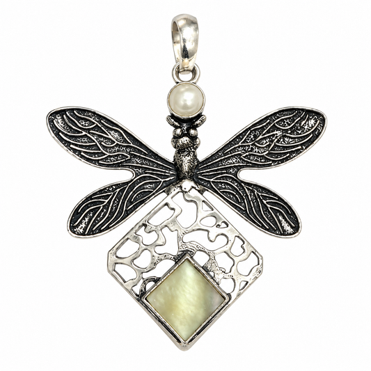 Pearl Dragonfly Mother of Pearl Pendant Oxidized Silver PEN567-SLV-LPRL-LMOP02