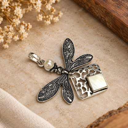 Pearl Dragonfly Mother of Pearl Pendant Oxidized Silver PEN567-SLV-LPRL-LMOP02