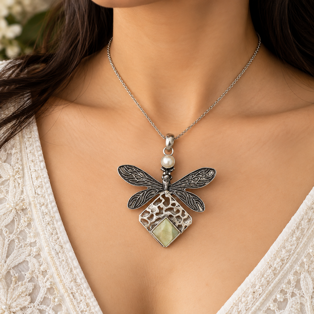 Pearl Dragonfly Mother of Pearl Pendant Oxidized Silver PEN567-SLV-LPRL-LMOP02