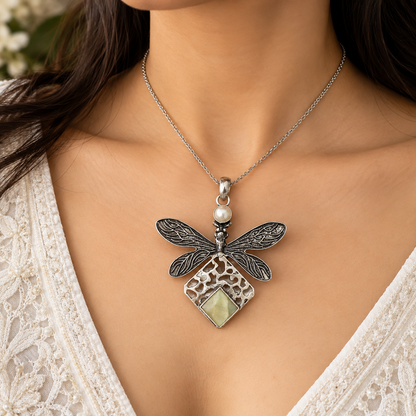 Pearl Dragonfly Mother of Pearl Pendant Oxidized Silver PEN567-SLV-LPRL-LMOP02