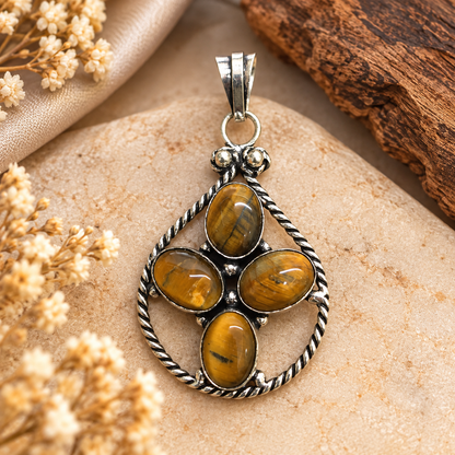 Tiger Eye Gemstone Pendant Oxidized Silver Boho Jewelry PEN568-SLV-NTE04