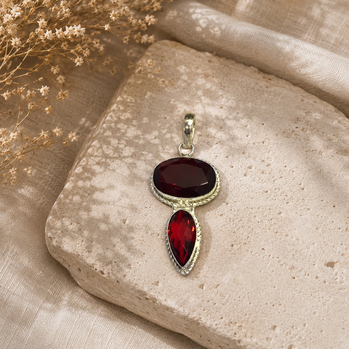 Red Garnet Teardrop Pendant Burgundy Oval Statement Boho Jewelry Gift PEN57-SLV-LGR02
