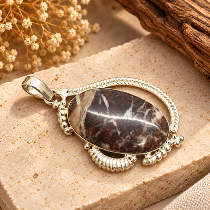 Coconut Jasper Oval Pendant Oxidized Silver Boho Jewelry PEN570-SLV-NCCJR01