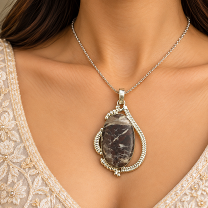 Coconut Jasper Oval Pendant Oxidized Silver Boho Jewelry PEN570-SLV-NCCJR01